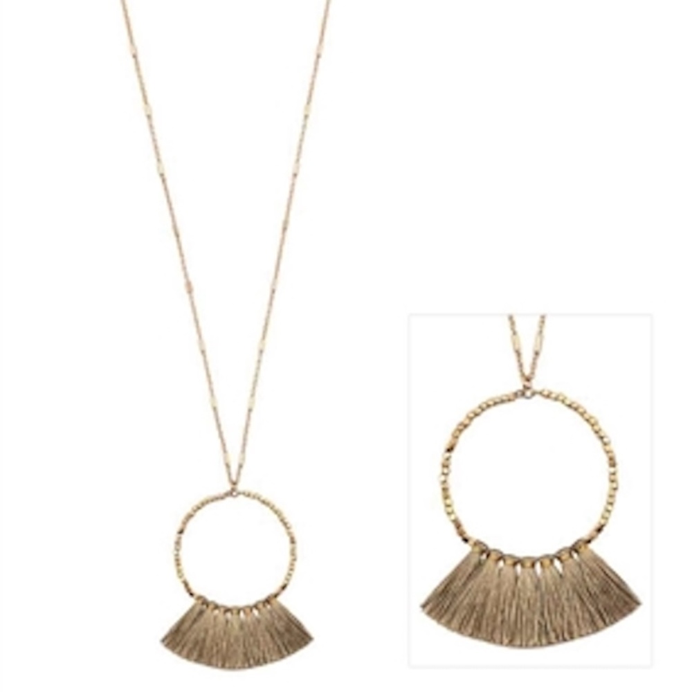 Beaded Hoop with Tan Fabric Tassels Necklace 36"